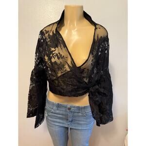 Cleo Women's Sheer Floral Side Tie Wrap Top flared sleeve Black Sz S